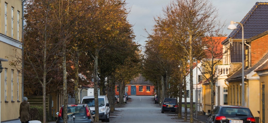 Gade med huse om efteråret i Karrebæksminde