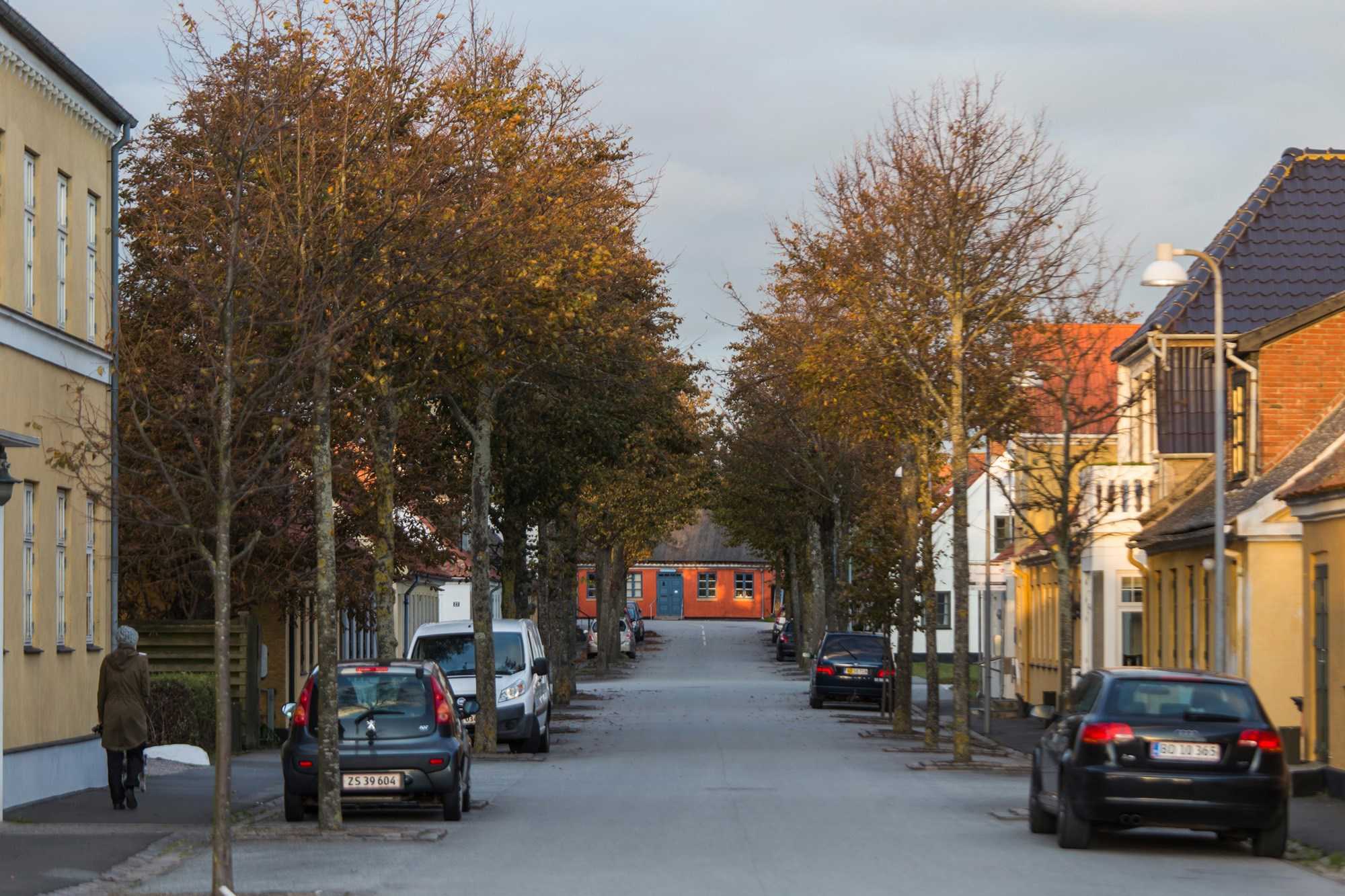 Gade med huse om efteråret i Karrebæksminde